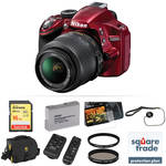 Nikon D3200 Digital SLR Camera With AF-S DX NIKKOR 18-55mm 1:3.5-5.6G VR Lens (Red) Deluxe Kit