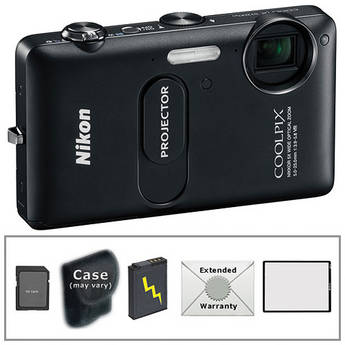 Nikon CoolPix S1200pj Digital Camera with Built-In Projector (Black) with Deluxe Accessory Kit
