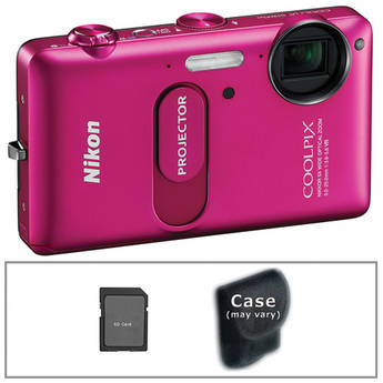 Nikon CoolPix S1200pj Digital Camera with Built-In Projector (Pink) with Basic Accessory Kit