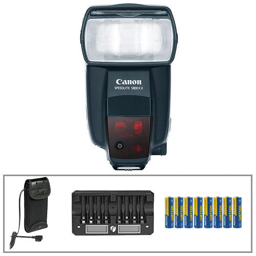 Canon Speedlite 580EX II Flash w/ Bolt Power Pack & Charger w/ 8 AA NiMH Rechargeable Batteries Kit