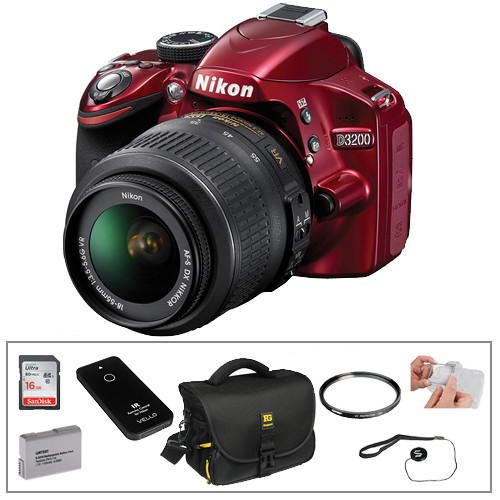 Nikon D3200 Digital SLR Camera With AF-S DX NIKKOR 18-55mm 1:3.5-5.6G VR Lens (Red) Essential Kit