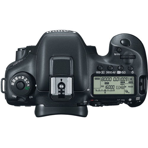 The top is just like the 5D Mark III with a more rugged design for the text on the mode dial