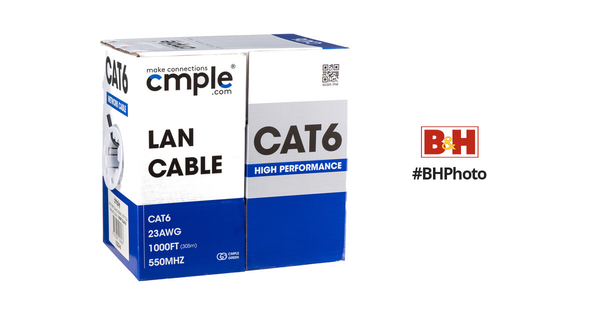 Cmple - Cat6 Cable 1000ft Bulk Lan Ethernet Cat 6 Wire Network UTP 23AWG  CMR Riser 10 Gbps 550 MHz Pull Box 1000 Feet, White 
