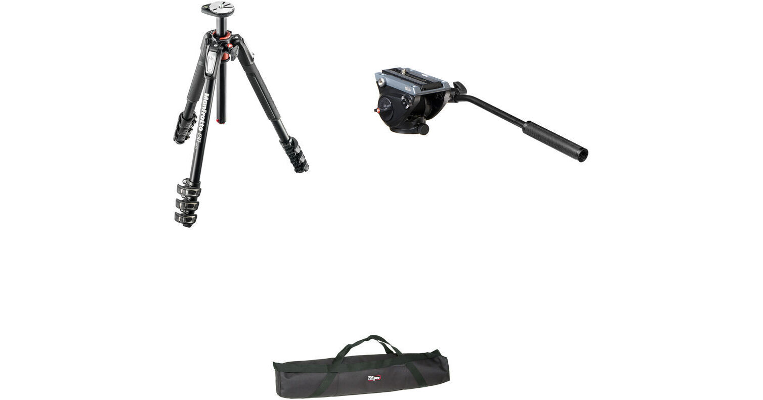 Manfrotto MVH500AH Flat Base Fluid Head, MT190XPRO4 Tripod Legs, Padded  Case Kit