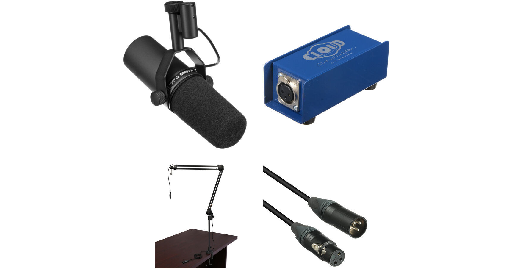 Shure SM7B Vocal Microphone with Cloud Microphones Cloudlifter CL-1 Mic  Activator and Extra 10' XLR Cable Bundle