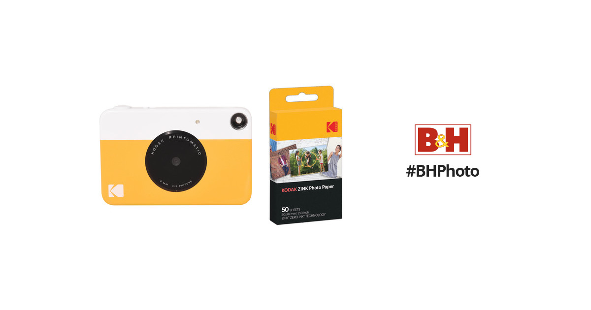 Kodak PRINTOMATIC Digital Instant Print Camera (Yellow) with Kodak 2ʺx3ʺ  Premium ZINK Photo Paper (50 Sheets)