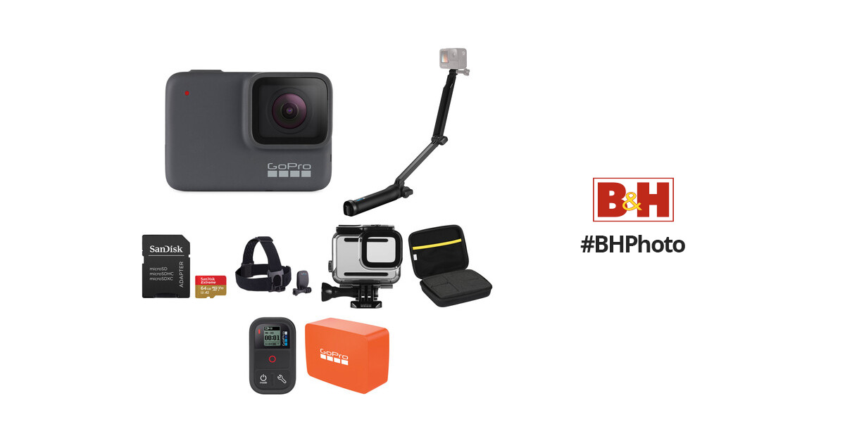 GoPro HERO7 Silver with 3-Way Grip, Head Strap & 64GB Card Kit