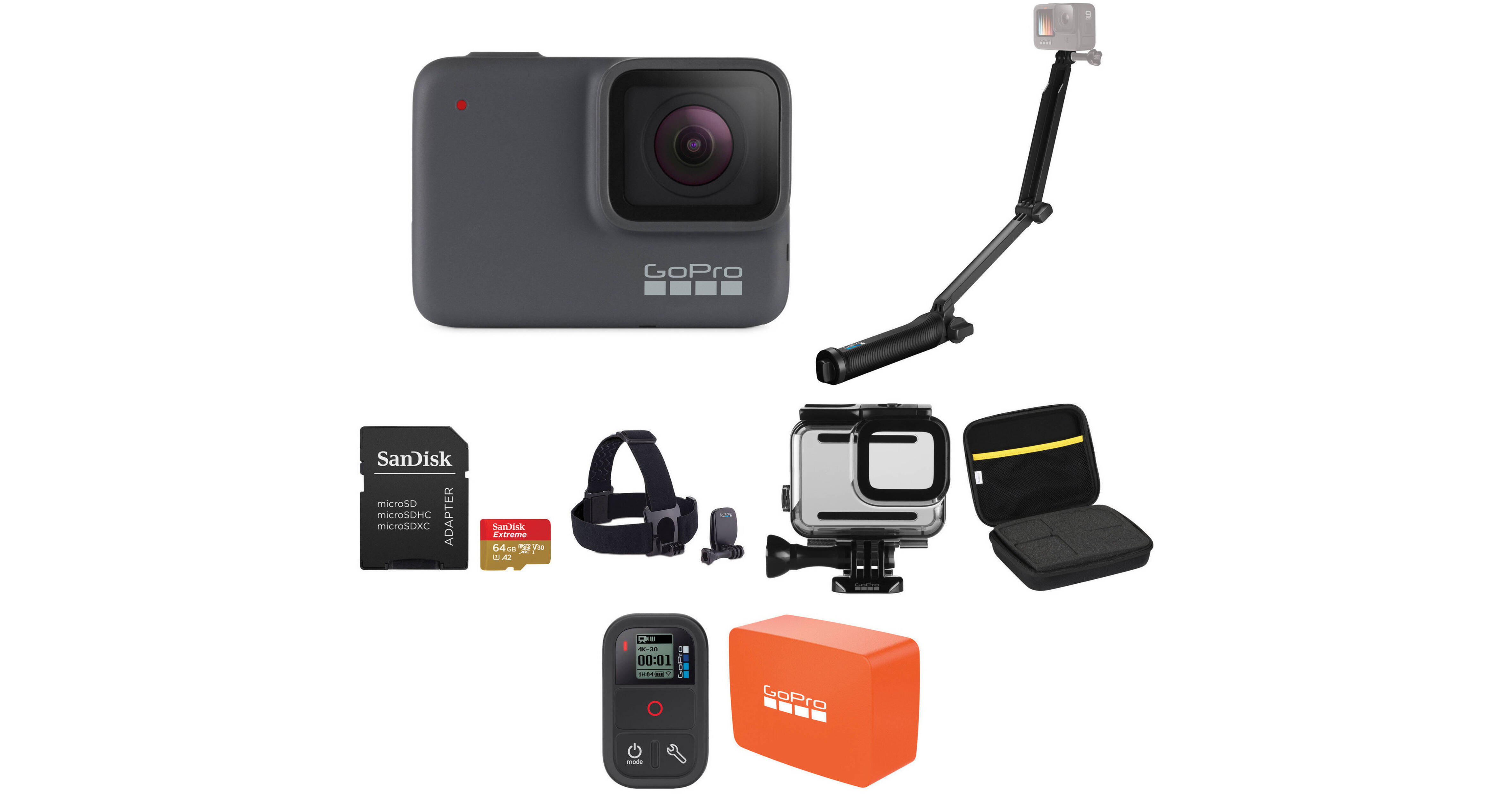 GoPro HERO7 Silver with 3-Way Grip, Head Strap & 64GB Card Kit