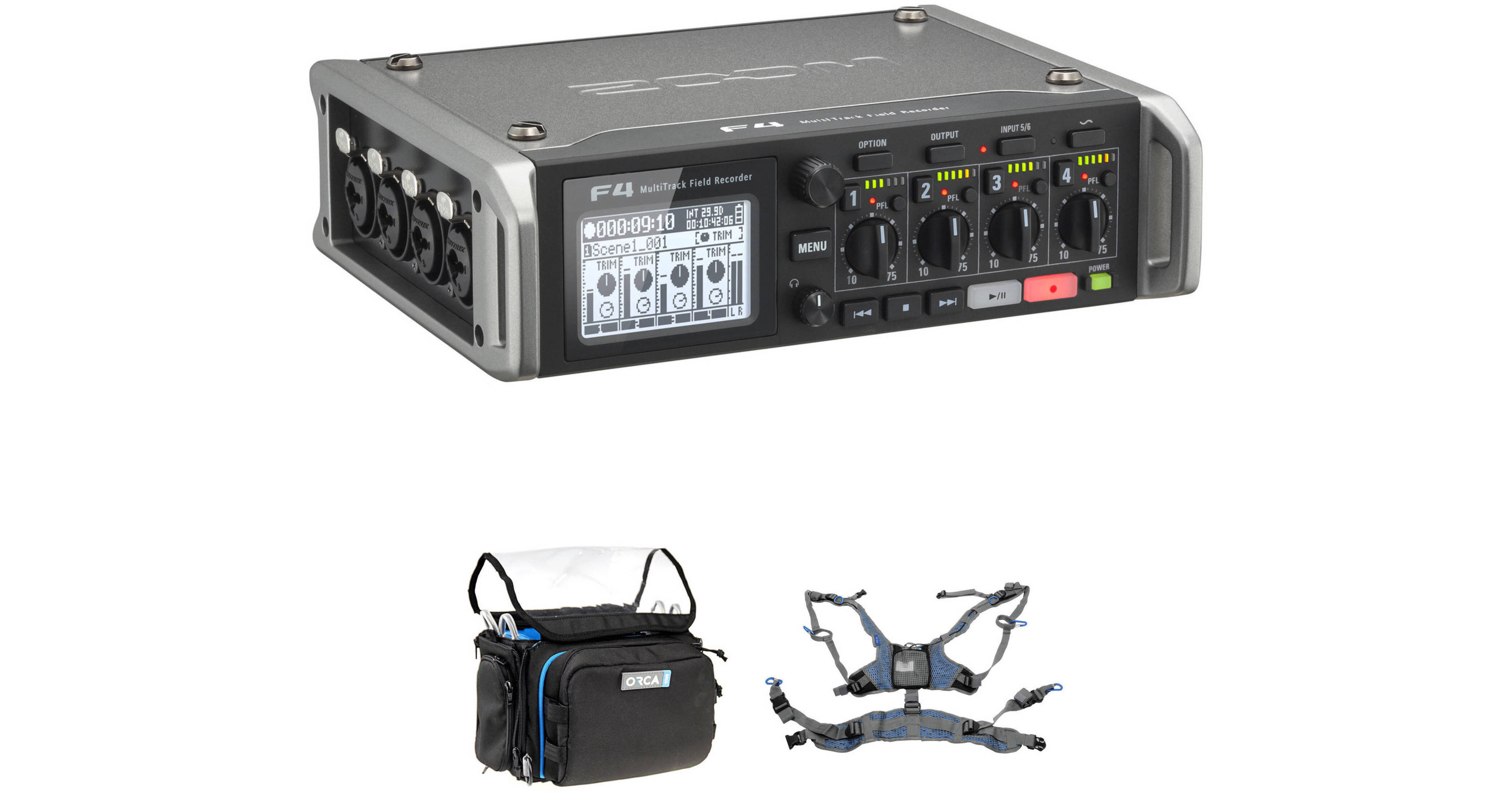 Zoom F4 Multitrack Field Recorder Kit with ORCA OR28 Mini Bag