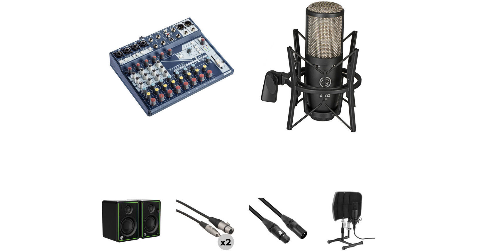 Soundcraft Notepad Mixer, AKG Microphone, and JBL Monitors