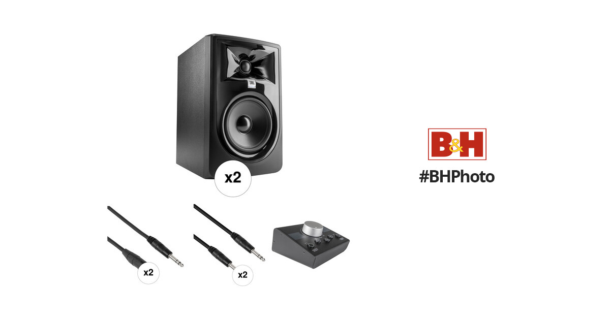 Pair Bundle with Mackie Big Knob Monitor Controller JBL 305P MkII Powered 5 Studio Monitor 2x Small Pads & 2x TRS-XLR Cable 