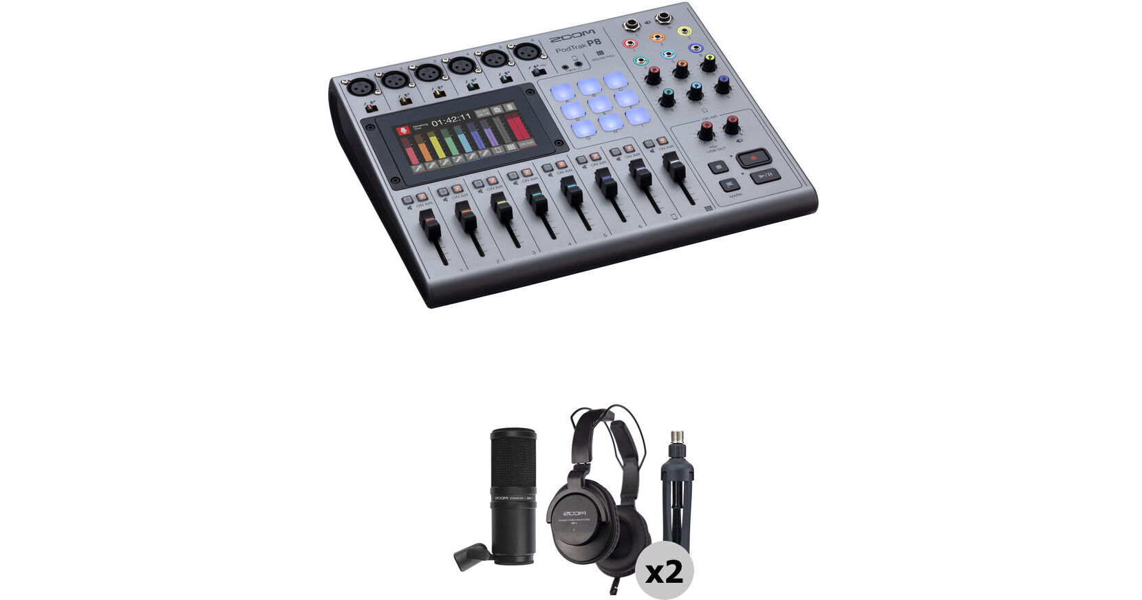 Zoom PodTrak P8 Podcast Recorder with 2Person Podcast Mic Pack