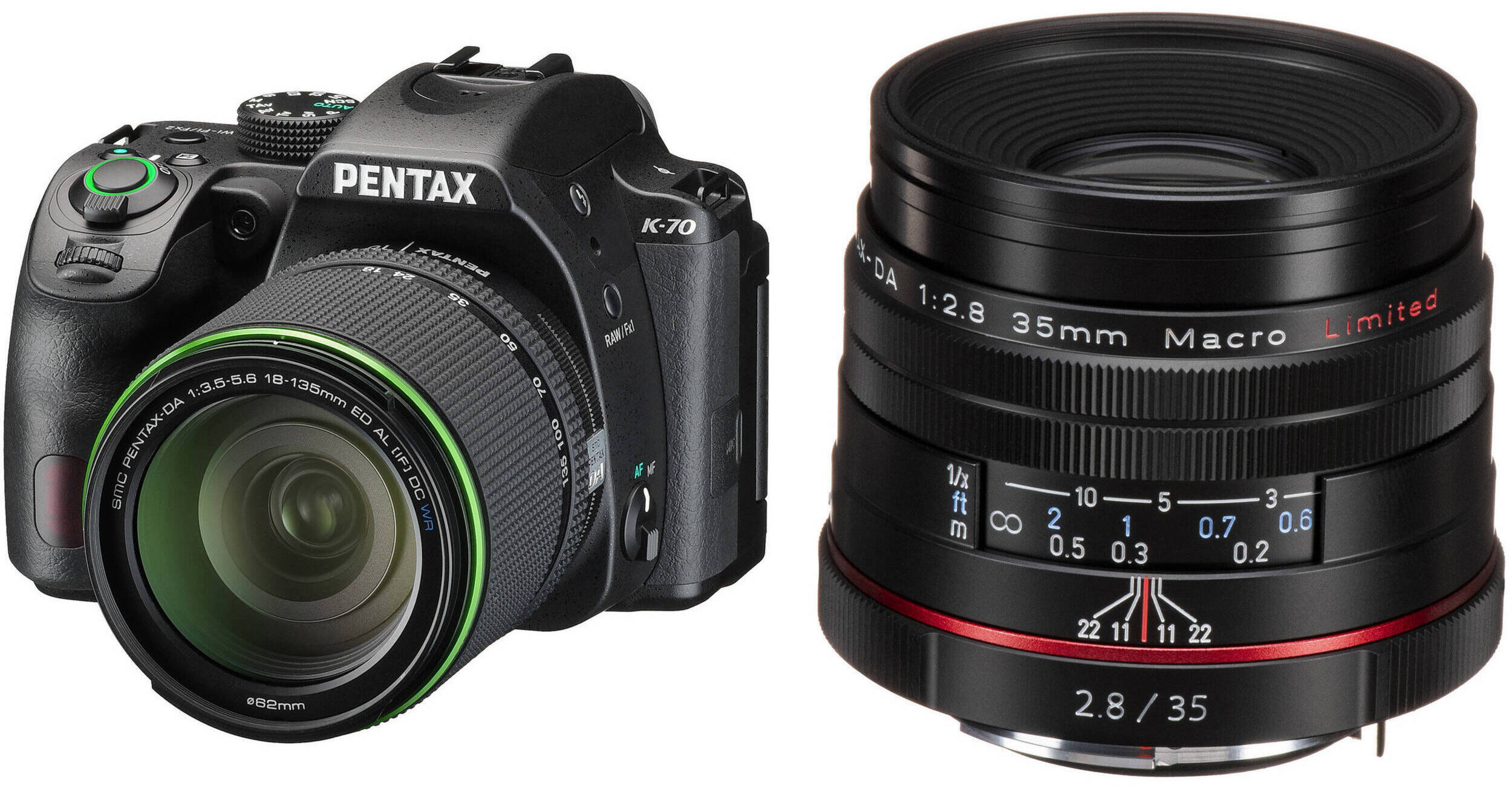 Pentax K70 DSLR Camera with 18135mm Lens and 35mm f/2.8 Macro