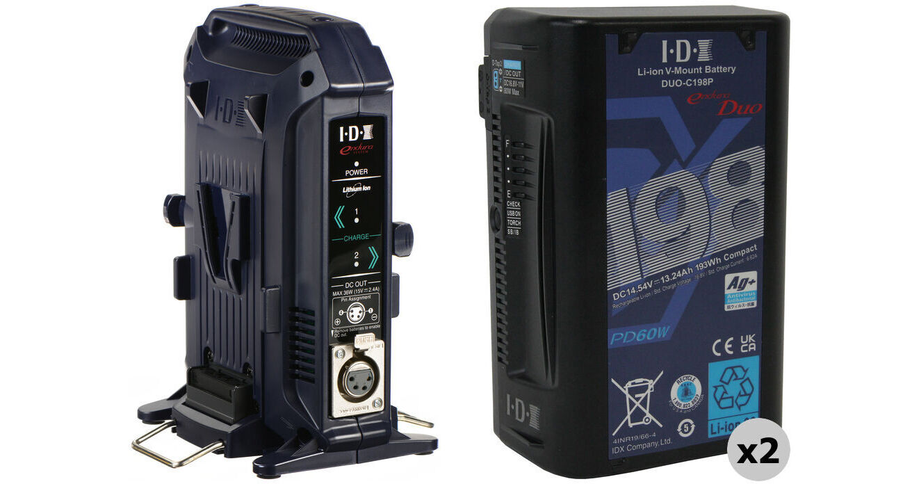 IDX System Technology 2 x DUO-C198P High-Load Li-Ion V-Mount Batteries &  2-Channel Charger/Power Supply Kit