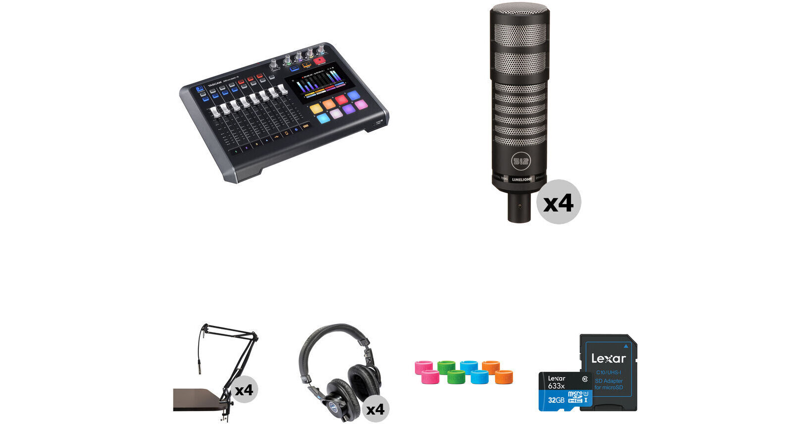 TASCAM Mixcast 4 Four Person Podcast Value Kit With Limelight tascam-mixcast-4-four-person-podcast-value-kit-with-limelight