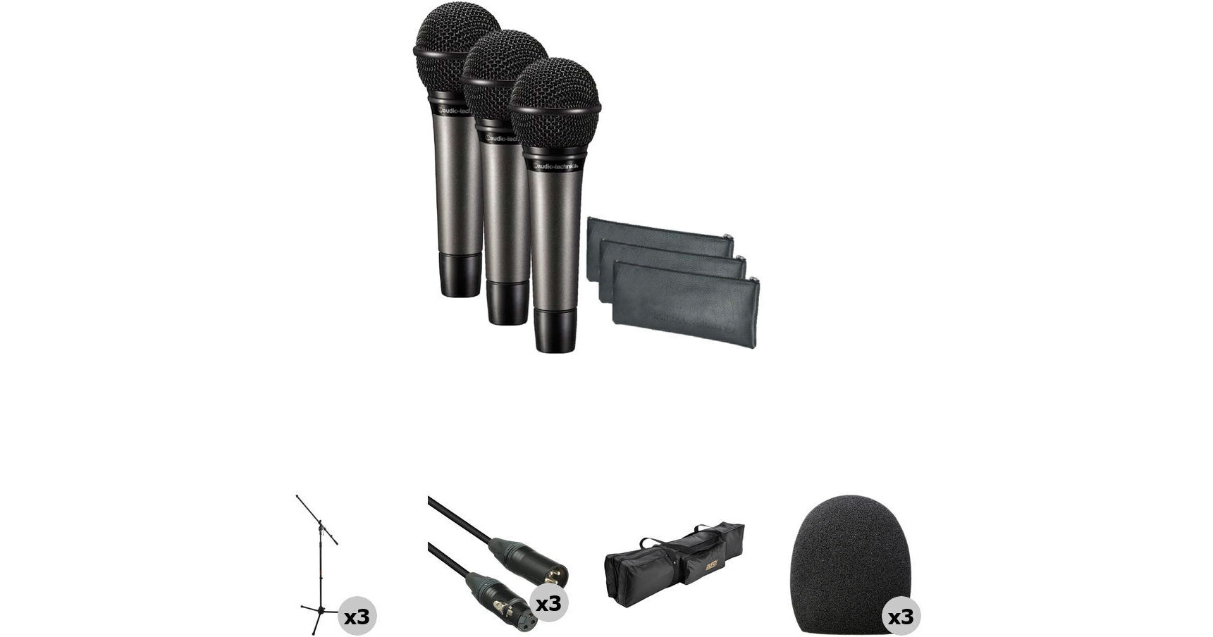 Audio-Technica ATM510 3-Person Value Kit with Microphones, Stands, Cables,  Windscreens & Bag