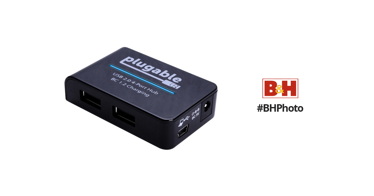 Plugable USB 2.0 4-Port Hub with 12.5W Power Adapter with BC 1.2 Charg