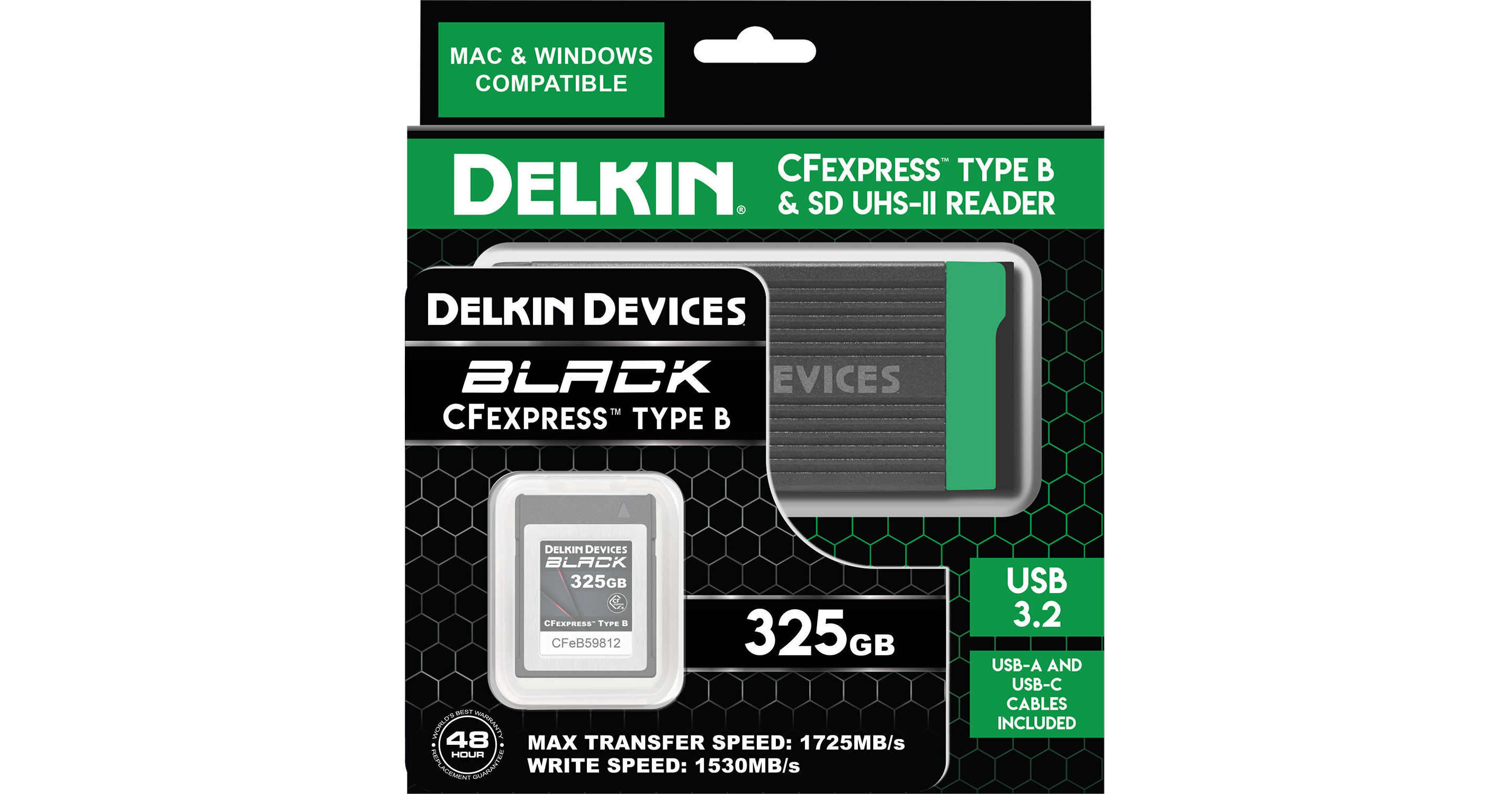 Delkin Devices 325GB BLACK CFexpress Type B Memory Card with CFexpress Type  B & UHS-II SD Memory Card Reader