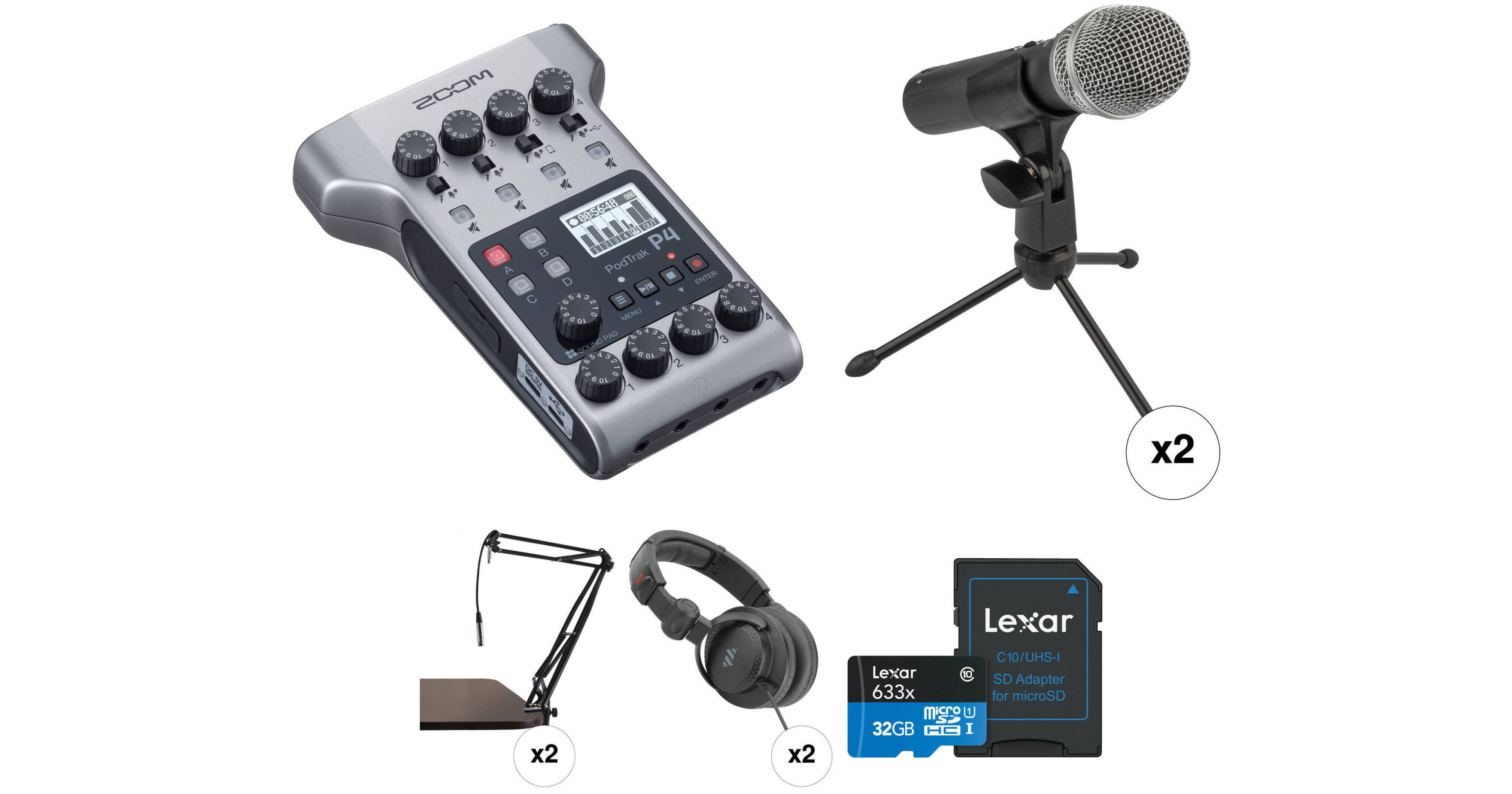 Zoom PodTrak P4 TwoPerson Podcast Kit with Polsen Mics, Boom