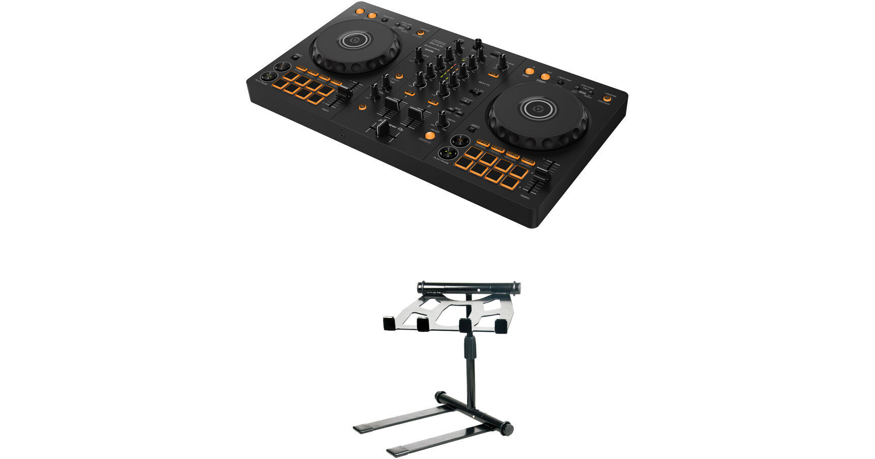 Pioneer DJ DDJ-FLX4 Portable 2-Channel rekordbox DJ and Serato Controller  Kit with Laptop/Controller Stand