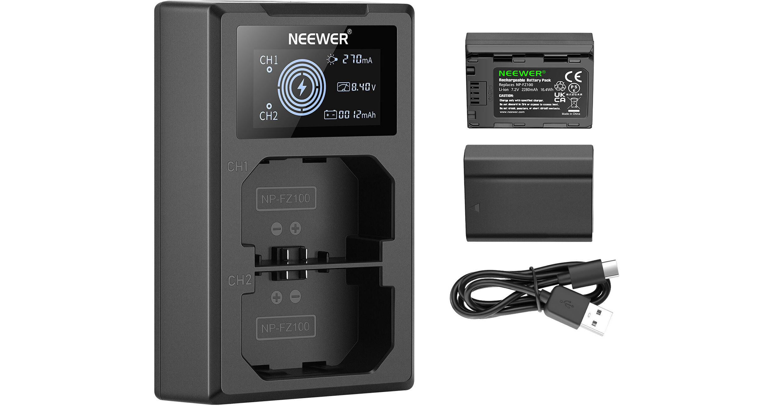 NEEWER 2400mAh NP-FZ100 Reservebatterij, Oplaadbare Camera Batterij Compatibel