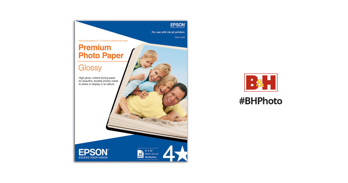 Epson Photo-Quality Inkjet Paper, Premium, Glossy, 68 lbs., 8 x 10, 20  Sheets/Pk