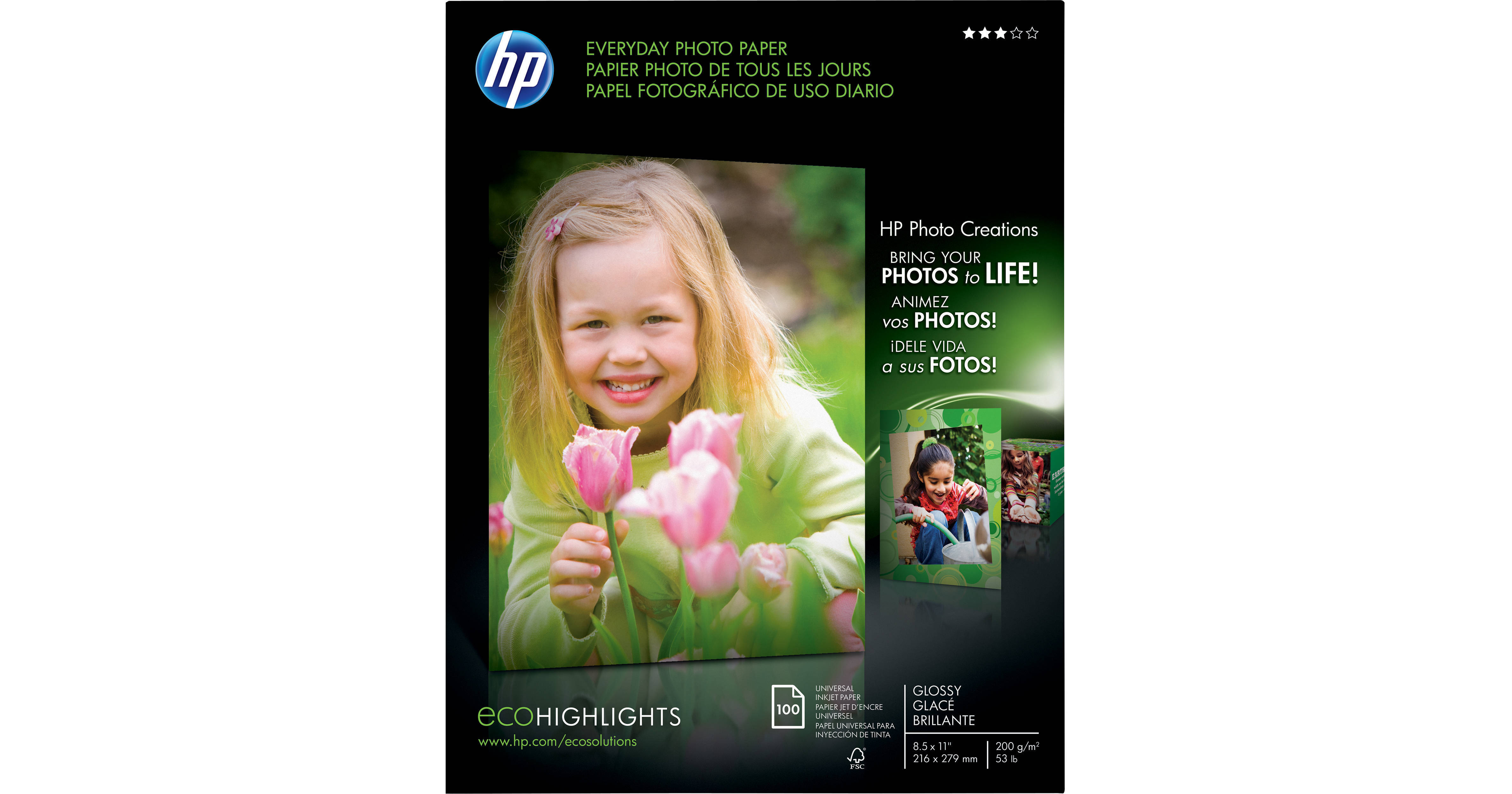 HP Everyday Glossy Photo Paper 8.5x11" 100 Sheets Q2509A B&H