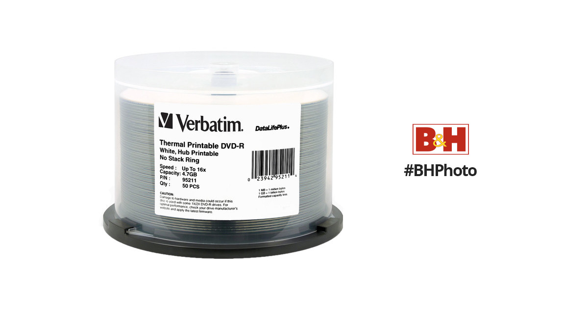 Verbatim DVD-R 4.7GB 16X DataLifePlus, White Thermal Printable, Hub  Printable Spindle (Pack of 50)
