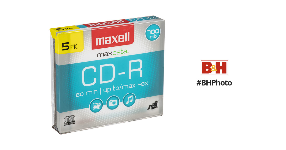 Maxell CD-R 700MB, 48x Recordable Disc with Slim Jewel Case (Pack of 5)
