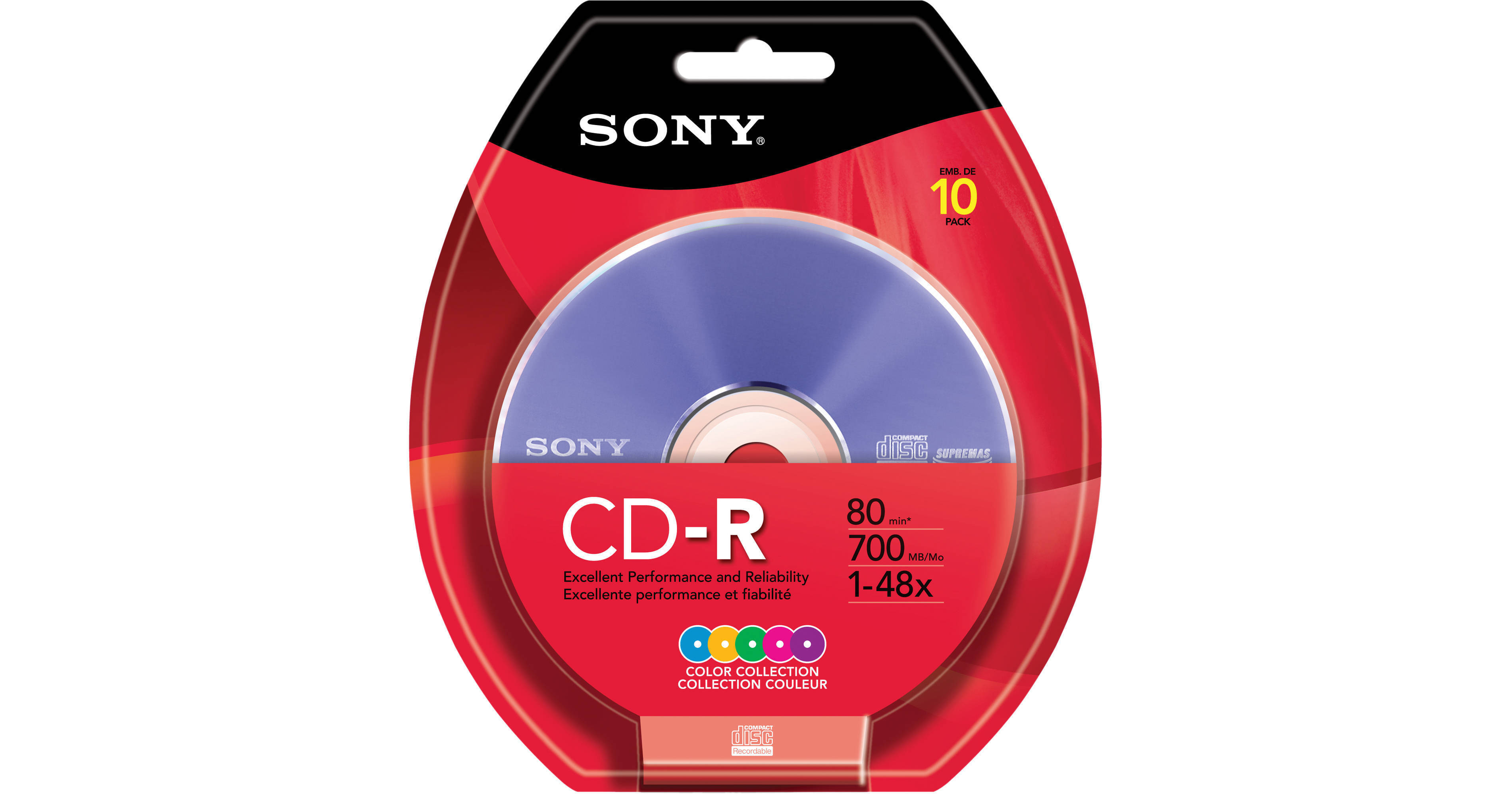 Sony CDR 10 Disc Color Collection Blister Pack 10CDQ80RBX B&H