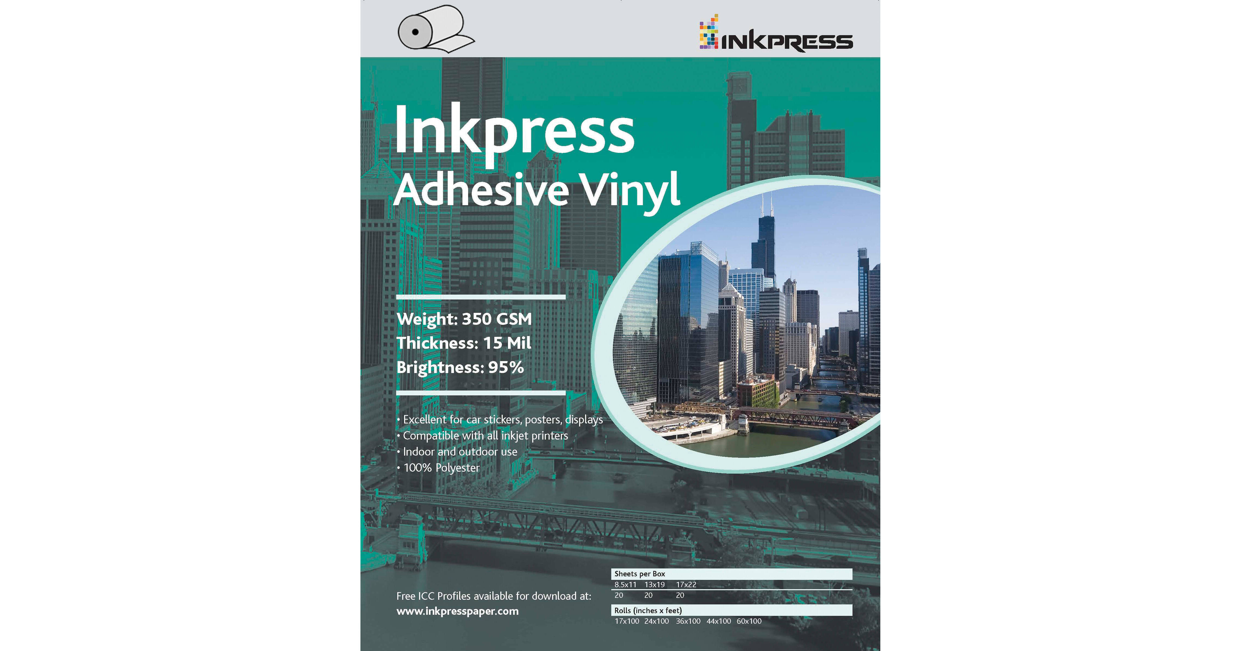 Inkpress Media Adhesive Vinyl 350 GSM 24"x60' Roll AV2460 B&H