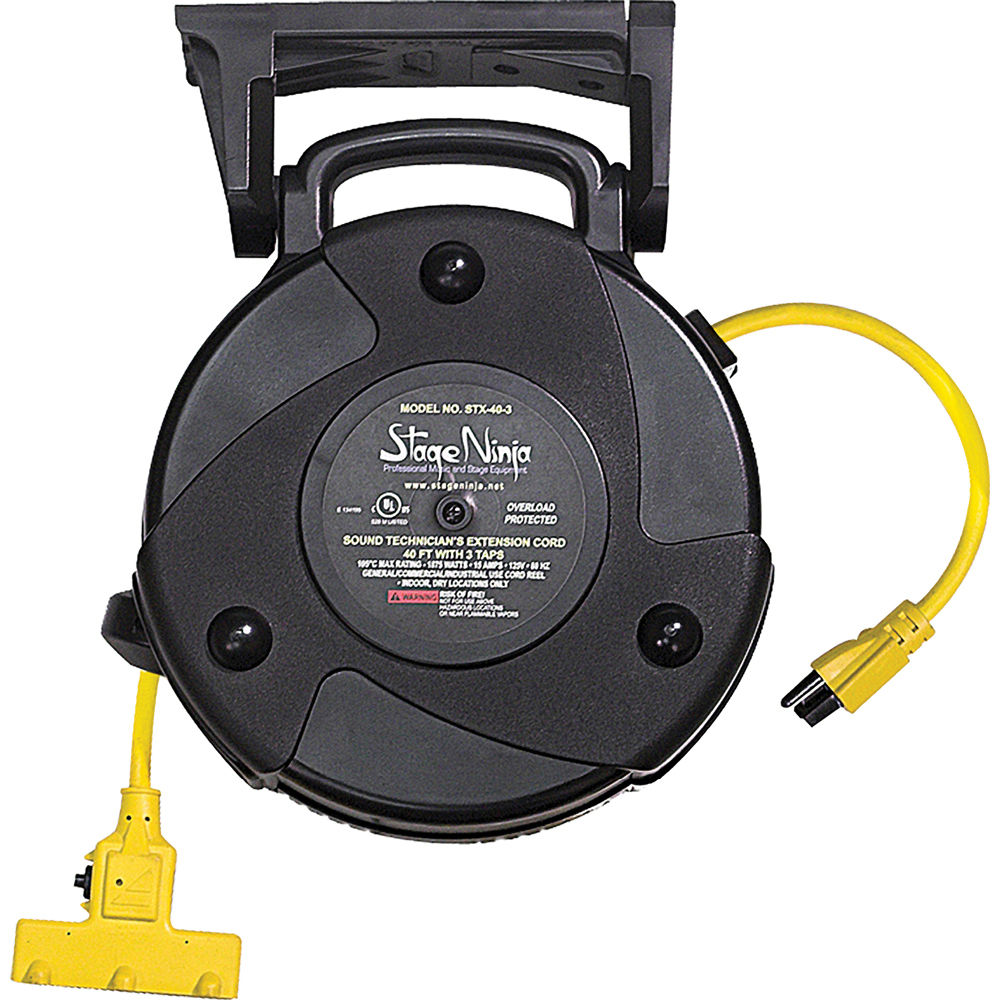 Retractable Power Cord >> Stage Ninja 14 Awg 3 Outlet Retractable Power Reel With Circuit Breaker Yellow Cord Black Thermoplastic Housing 50 Retractable Power Cord >> Stage Ninja 14 Awg 3 Outlet Retractable Power Reel With Circuit Breaker Yellow Cord Black Thermoplastic Housing 50