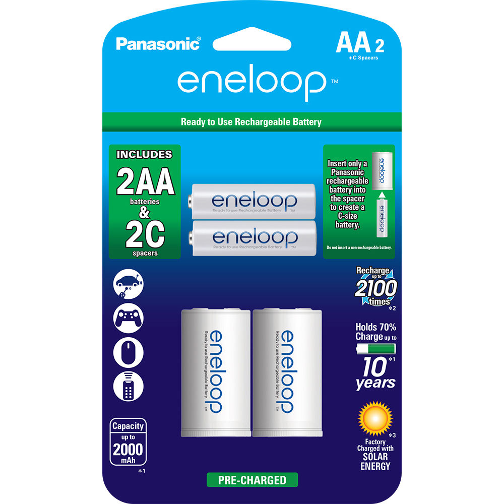 Photo 1 of Panasonic eneloop Rechargeable AA Ni-MH Batteries with C Spacers (2000mAh, Pack of 2)