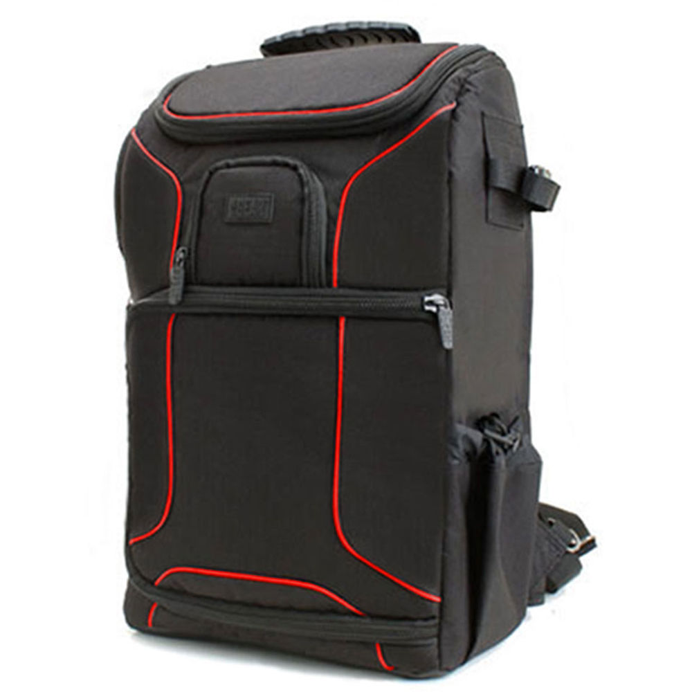 red camera backpack