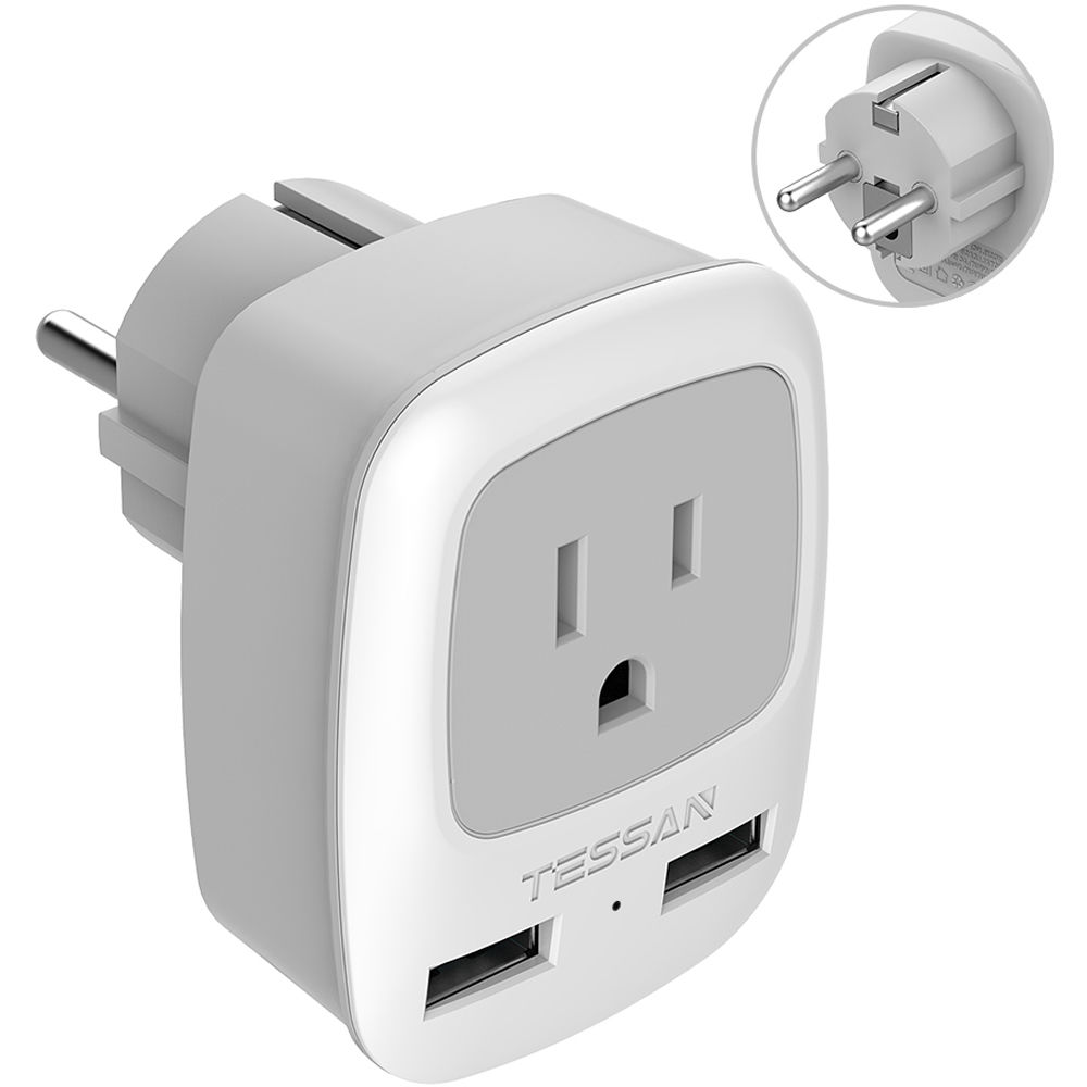 Photo 1 of Tessan Type E/F Travel Adapter Plug with US Outlet & 2 USB Type-A Ports (Gray)