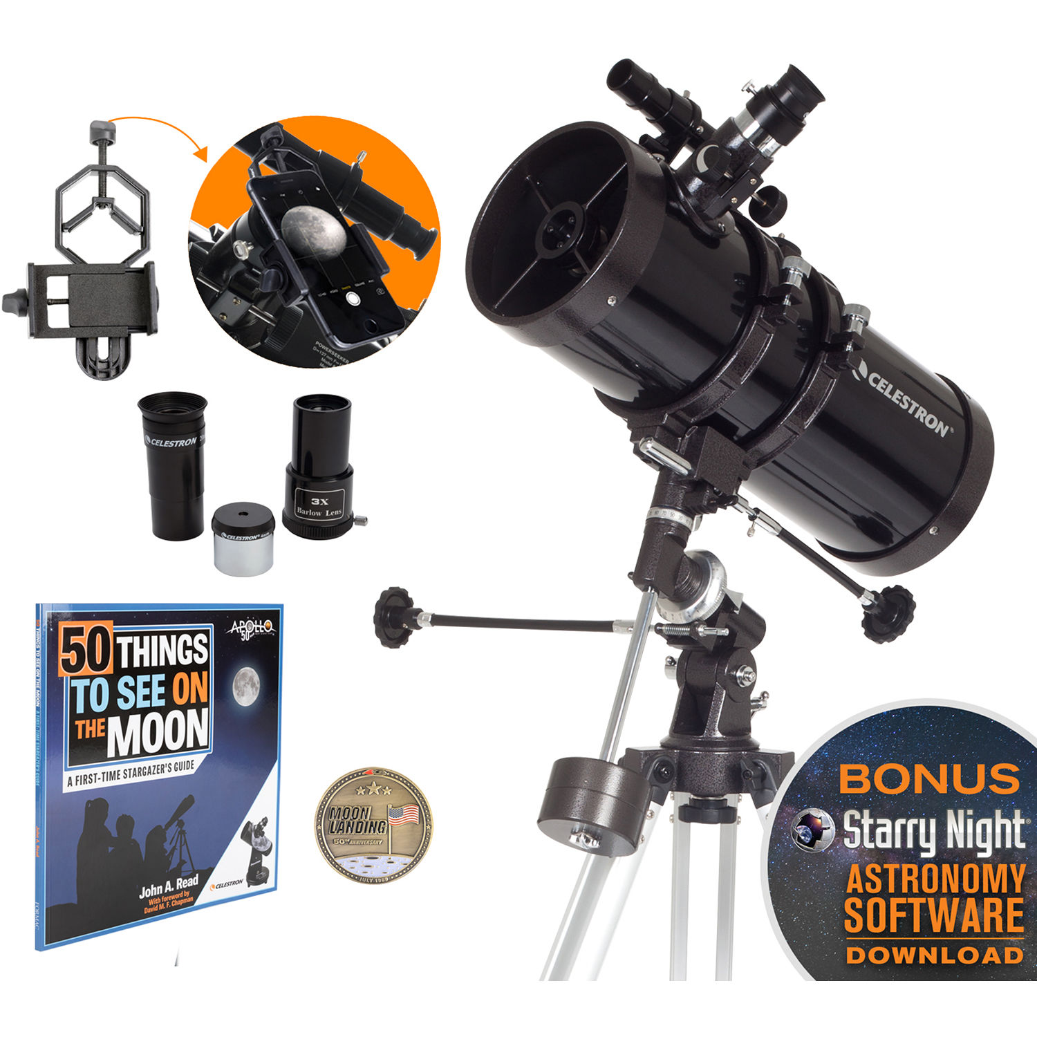 Celestron Powerseeker 127eq 127mm F9 Reflector Telescope Apollo 11 50th Anniversary Bundle