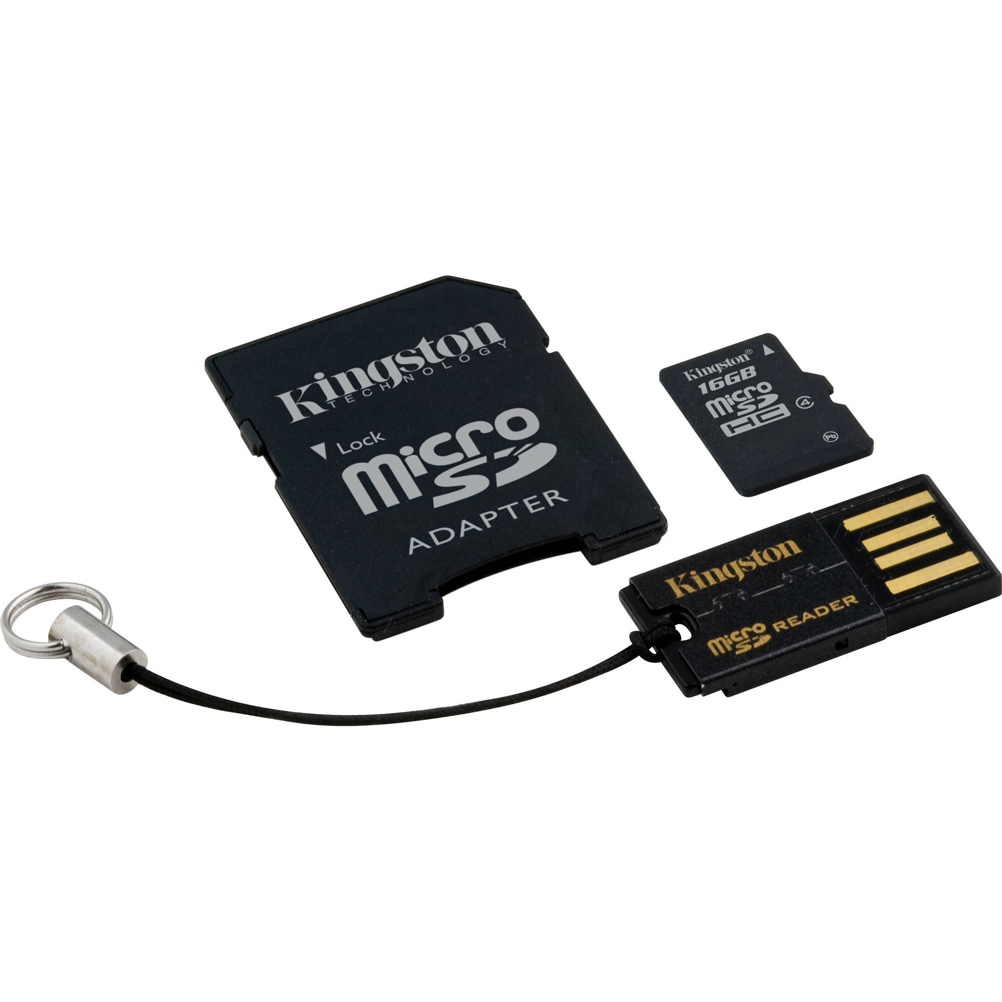Карта памяти micro sdhc 16gb kingston ск-ть пер-чи данных 4мб/сек (class4) с двумя адаптерами sd,USB (740617182958)
