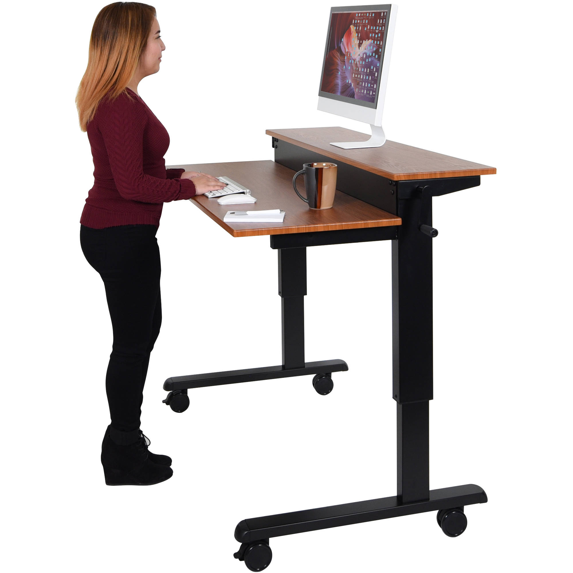 Luxor 48 Split Level Crank Adjule Stand Up Desk Teak Black Frame