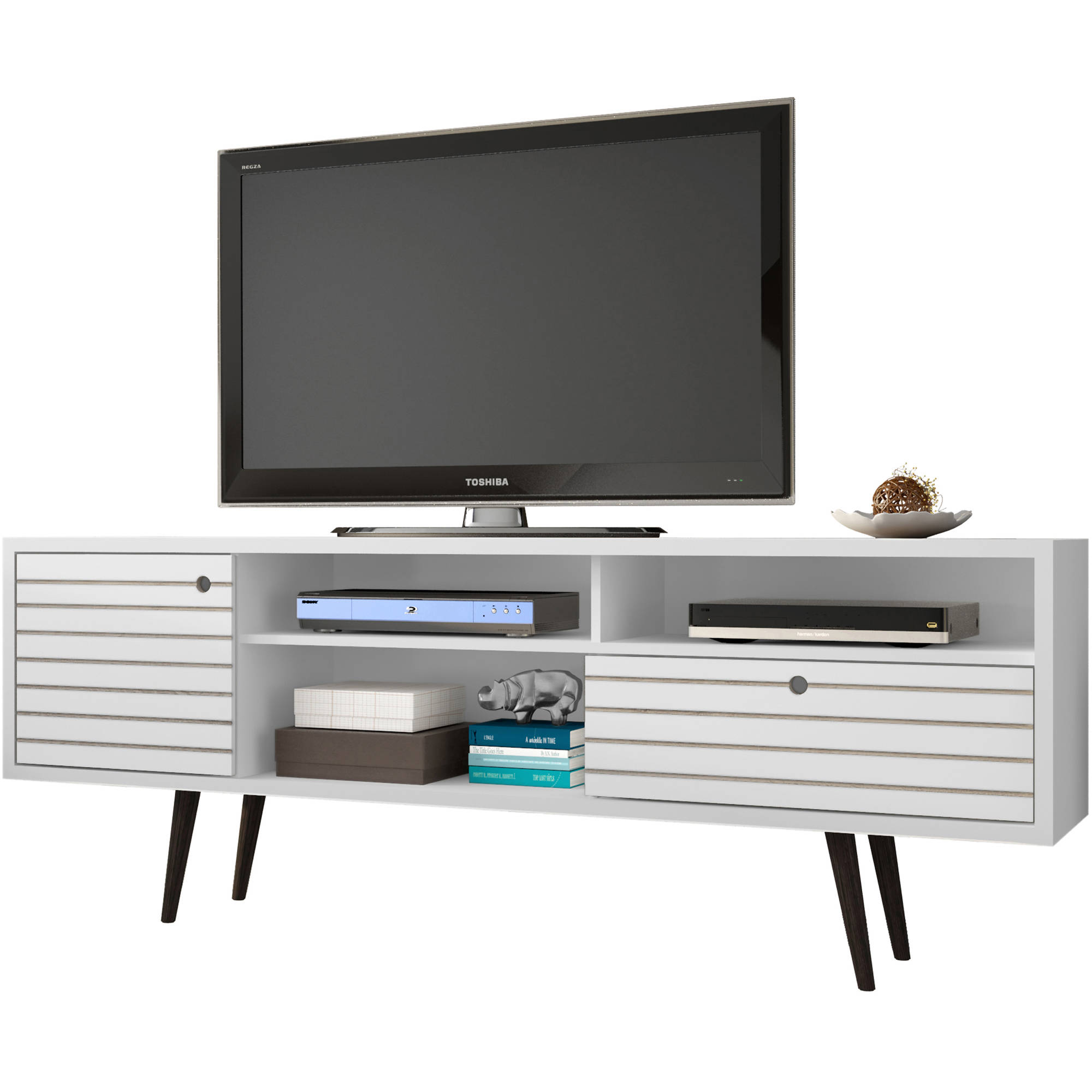 Manhattan Comfort Liberty 70 86 Mid Century Modern Tv Stand With 4 Shelving Spaces 1 Drawer And Solid Wood Legs