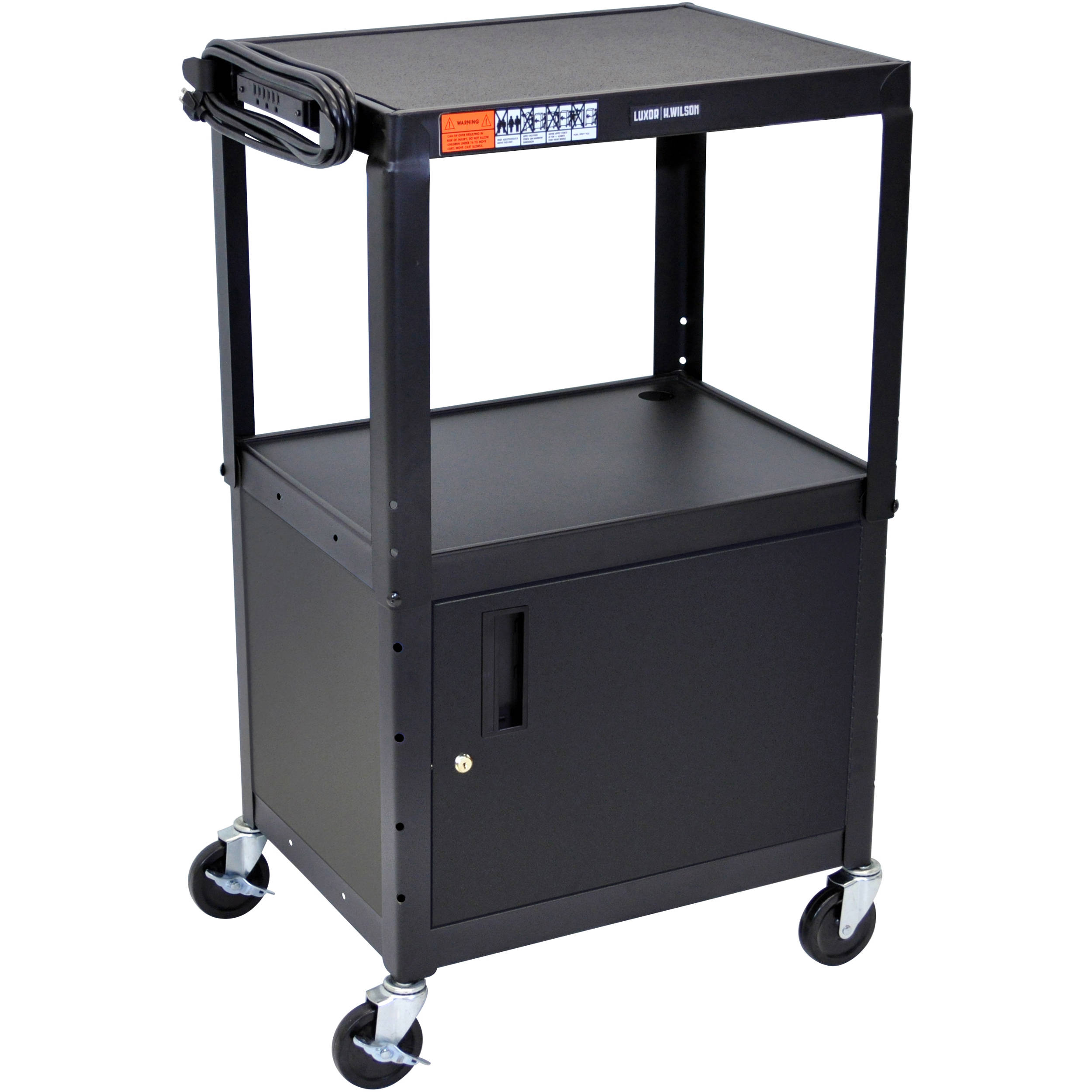 Luxor Adjustable Height Steel A V Cart With Cabinet Black