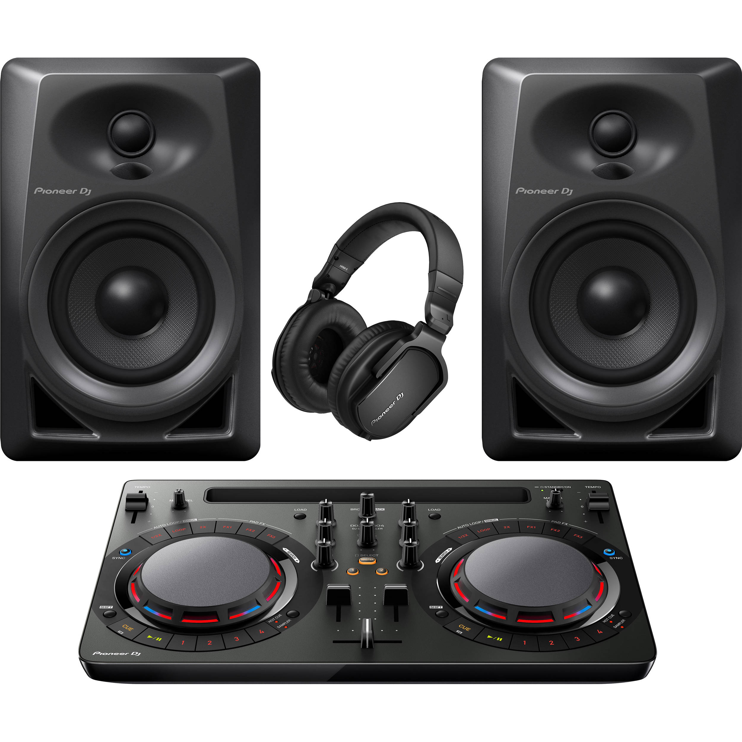 dj controller and speakers