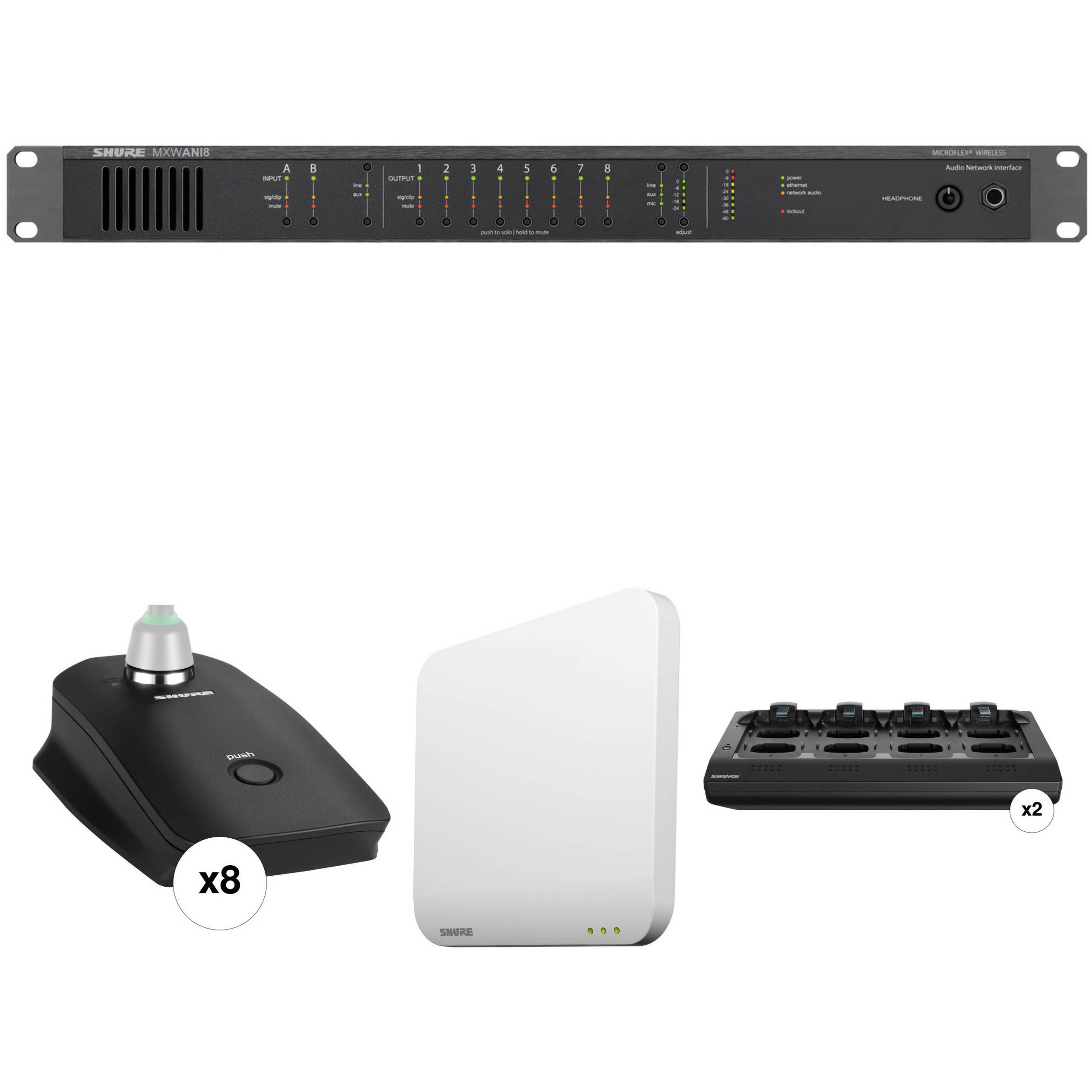 Shure 8 Channel Mxw Microflex Wireless Gooseneck Base Conference Audio System Kit