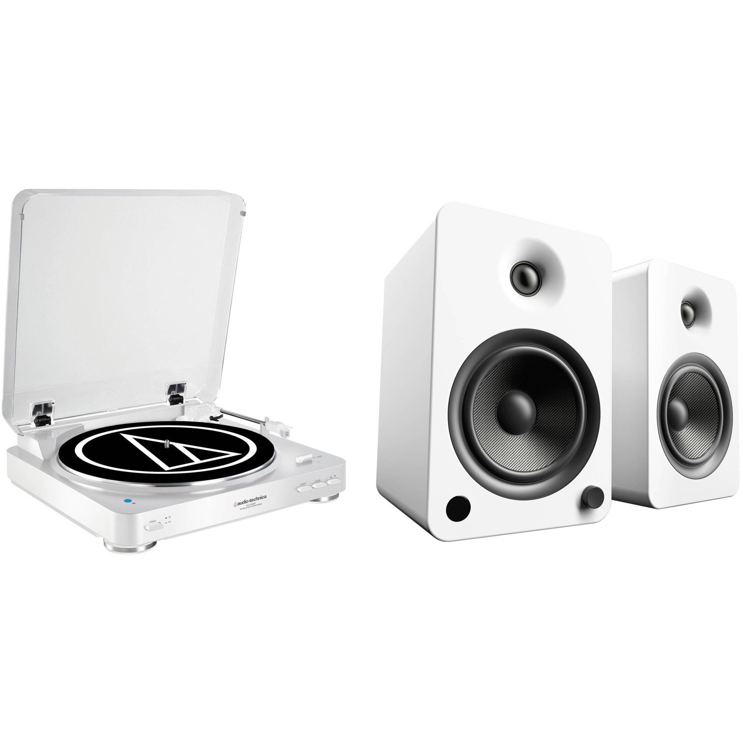 white turntable with speakers