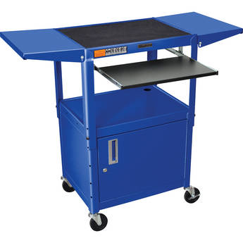 Luxor Adjustable Height Steel A/V Cart with Keyboard Shelf, Drop Leaf Shelves, and Cabinet (Blue)