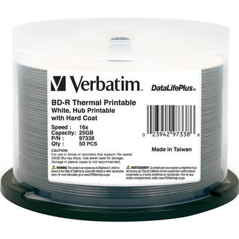 Verbatim 97338 BD-R 25GB 16x DataLifePlus White Thermal, Hub Printable Spindle (50 Pack Spindle)