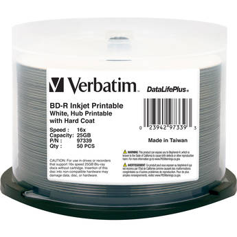 Verbatim BD-R Blu-ray 25GB DataLifePlus 16x White Inkjet Hub Printable Discs (50-Pack Spindle)