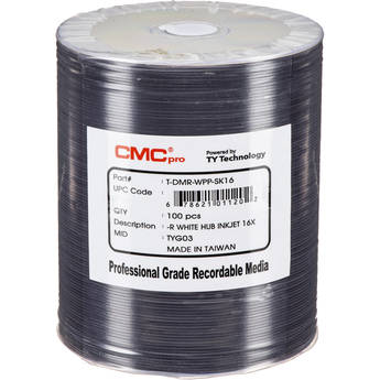 CMC Pro 4.7GB DVD-R 16x White Inkjet Hub Printable Discs (100-Pack, Tape Wrap)