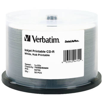 Verbatim CD-R 700MB 52x Write-Once DataLifePlus White Inkjet Printable, Hub Printable Recordable Compact Disc (Spindle Pack of 50)