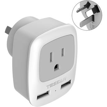 Tessan 3-Prong USA to 3-Prong Australia Power Adapter Plug with 2 USB Ports