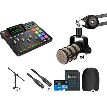 RODE RODECaster Pro II 4-Person Podcasting Kit with PodMics, and Desktop Stands